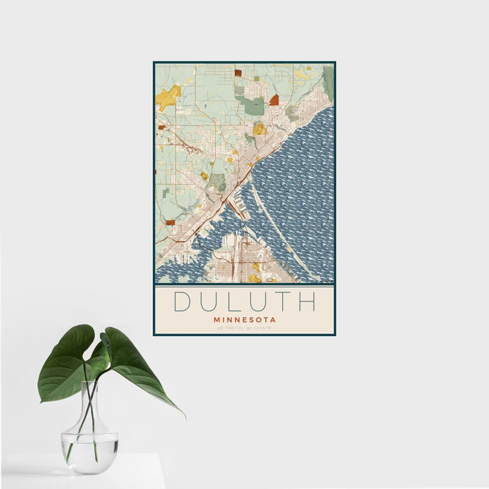 16x24 Duluth Minnesota Map Print Portrait Orientation in Woodblock Style With Tropical Plant Leaves in Water