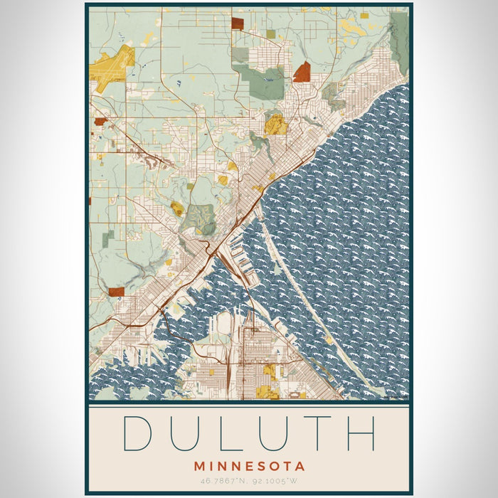 Duluth Minnesota Map Print Portrait Orientation in Woodblock Style With Shaded Background