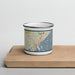 Front View Custom Duluth Minnesota Map Enamel Mug in Woodblock on Cutting Board