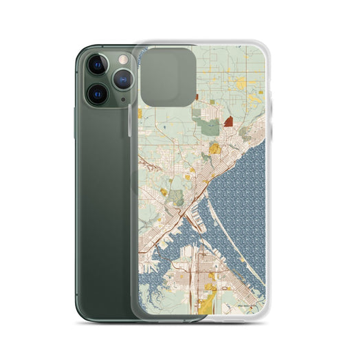 Custom Duluth Minnesota Map Phone Case in Woodblock on Table with Laptop and Plant