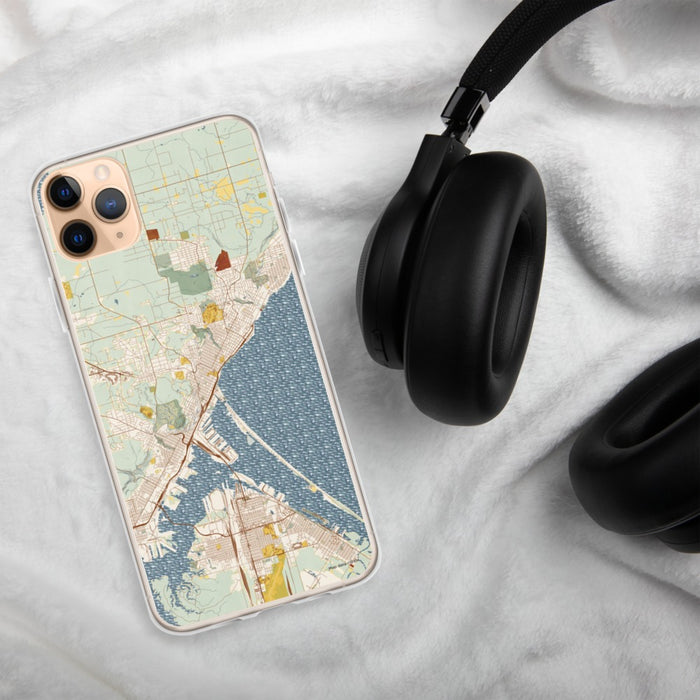 Custom Duluth Minnesota Map Phone Case in Woodblock on Table with Black Headphones
