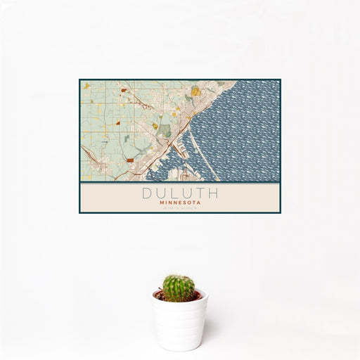 12x18 Duluth Minnesota Map Print Landscape Orientation in Woodblock Style With Small Cactus Plant in White Planter