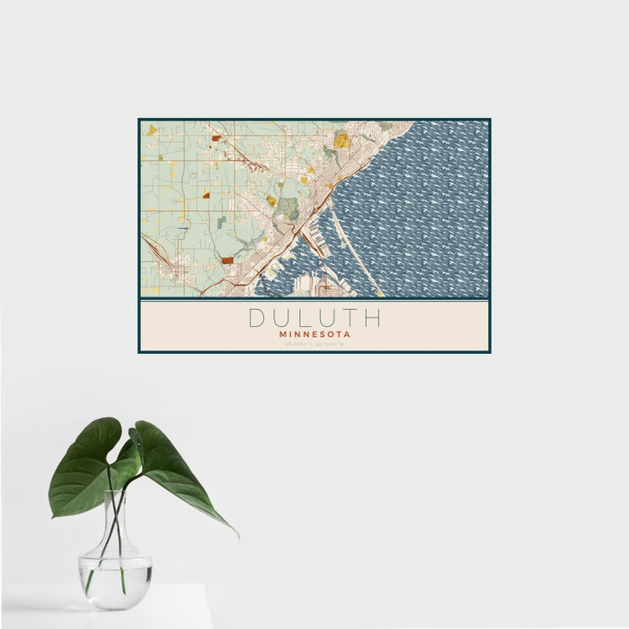 16x24 Duluth Minnesota Map Print Landscape Orientation in Woodblock Style With Tropical Plant Leaves in Water