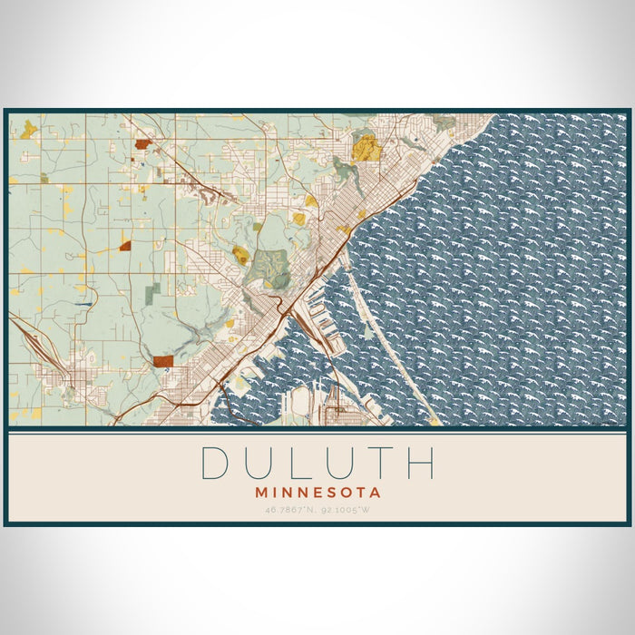 Duluth Minnesota Map Print Landscape Orientation in Woodblock Style With Shaded Background