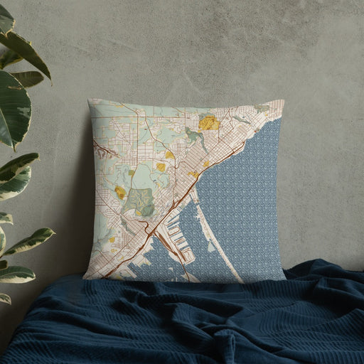 Custom Duluth Minnesota Map Throw Pillow in Woodblock on Bedding Against Wall