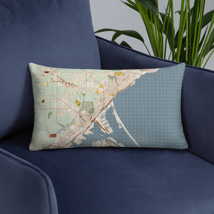 Custom Duluth Minnesota Map Throw Pillow in Woodblock on Blue Colored Chair