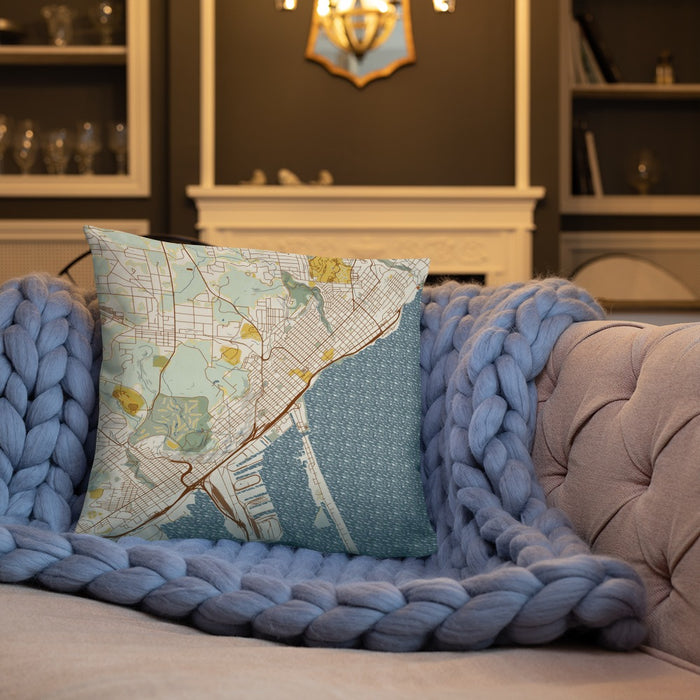 Custom Duluth Minnesota Map Throw Pillow in Woodblock on Cream Colored Couch