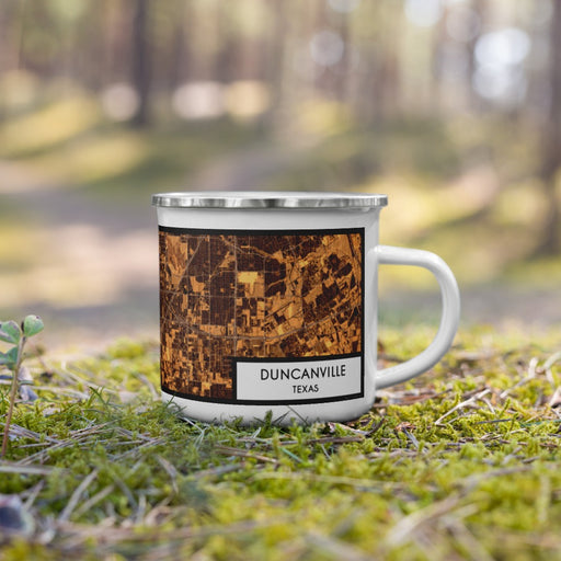 Right View Custom Duncanville Texas Map Enamel Mug in Ember on Grass With Trees in Background