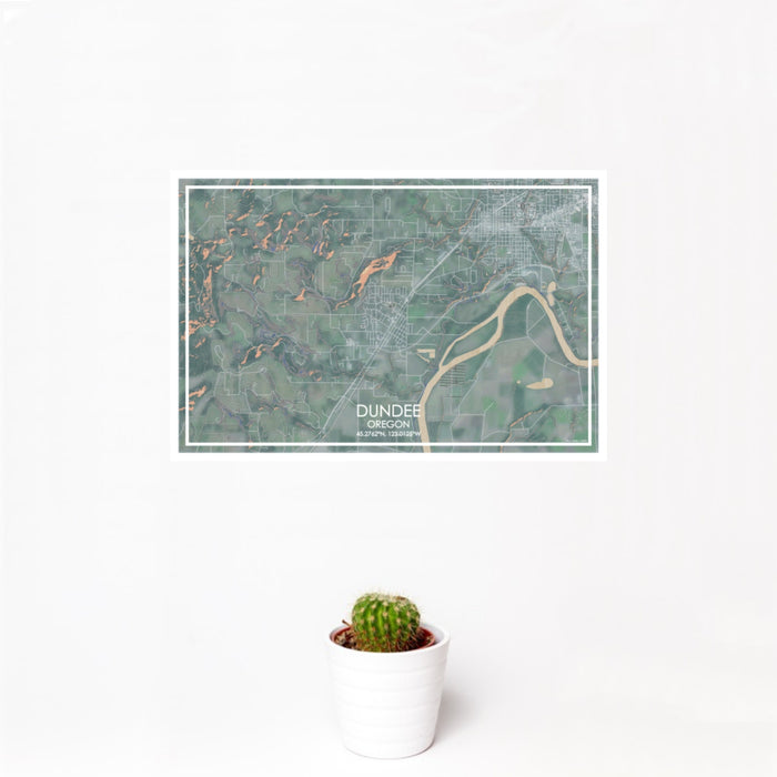 12x18 Dundee Oregon Map Print Landscape Orientation in Afternoon Style With Small Cactus Plant in White Planter