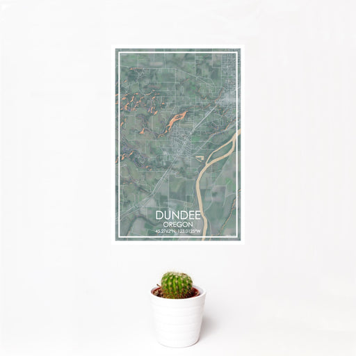 12x18 Dundee Oregon Map Print Portrait Orientation in Afternoon Style With Small Cactus Plant in White Planter