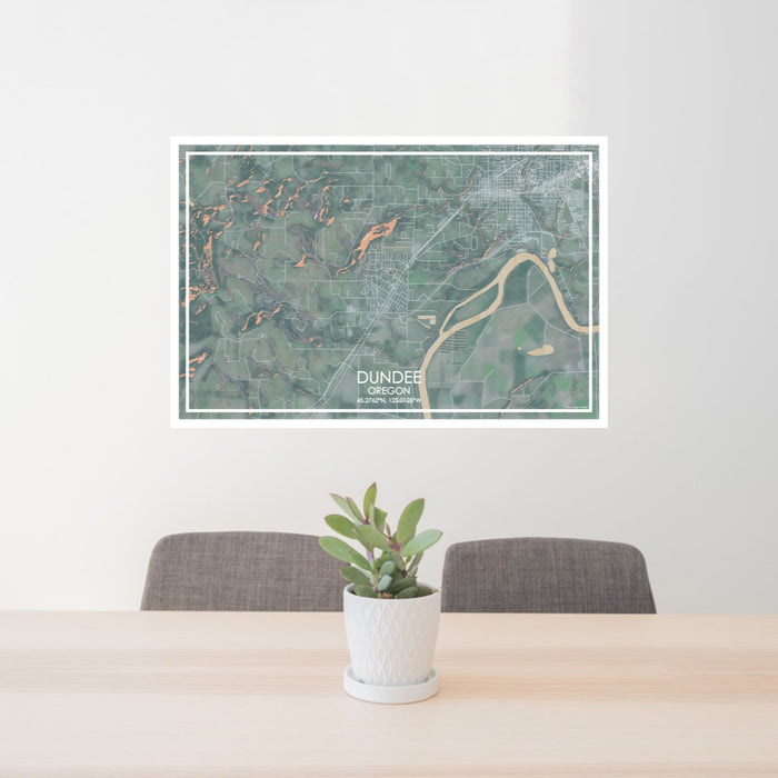 24x36 Dundee Oregon Map Print Lanscape Orientation in Afternoon Style Behind 2 Chairs Table and Potted Plant