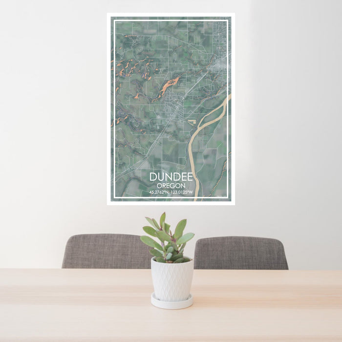 24x36 Dundee Oregon Map Print Portrait Orientation in Afternoon Style Behind 2 Chairs Table and Potted Plant
