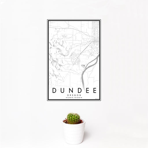 12x18 Dundee Oregon Map Print Portrait Orientation in Classic Style With Small Cactus Plant in White Planter