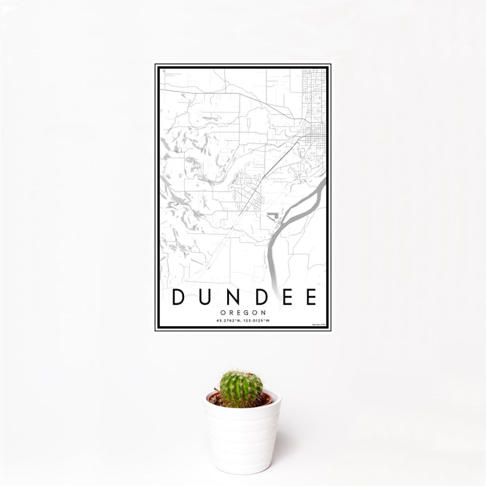 12x18 Dundee Oregon Map Print Portrait Orientation in Classic Style With Small Cactus Plant in White Planter