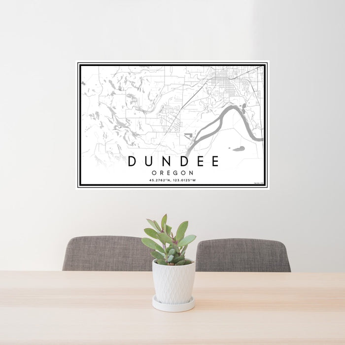 24x36 Dundee Oregon Map Print Landscape Orientation in Classic Style Behind 2 Chairs Table and Potted Plant