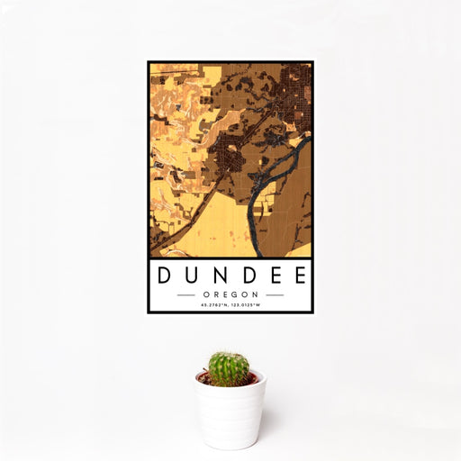 12x18 Dundee Oregon Map Print Portrait Orientation in Ember Style With Small Cactus Plant in White Planter