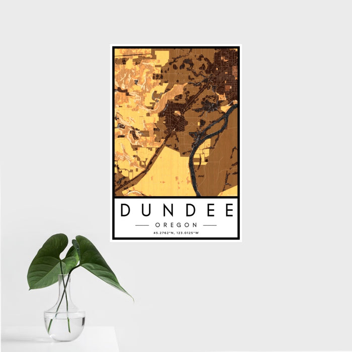 16x24 Dundee Oregon Map Print Portrait Orientation in Ember Style With Tropical Plant Leaves in Water