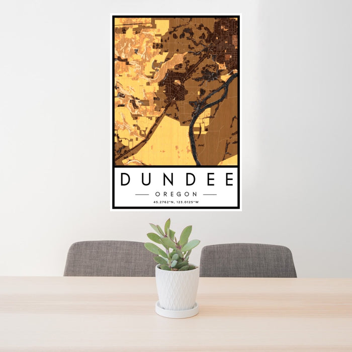 24x36 Dundee Oregon Map Print Portrait Orientation in Ember Style Behind 2 Chairs Table and Potted Plant