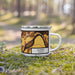 Right View Custom Dundee Oregon Map Enamel Mug in Ember on Grass With Trees in Background