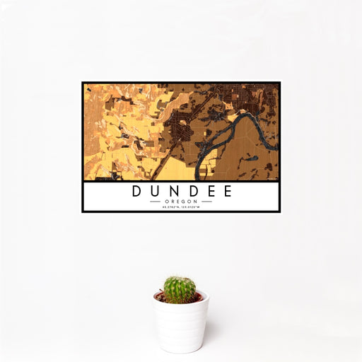 12x18 Dundee Oregon Map Print Landscape Orientation in Ember Style With Small Cactus Plant in White Planter
