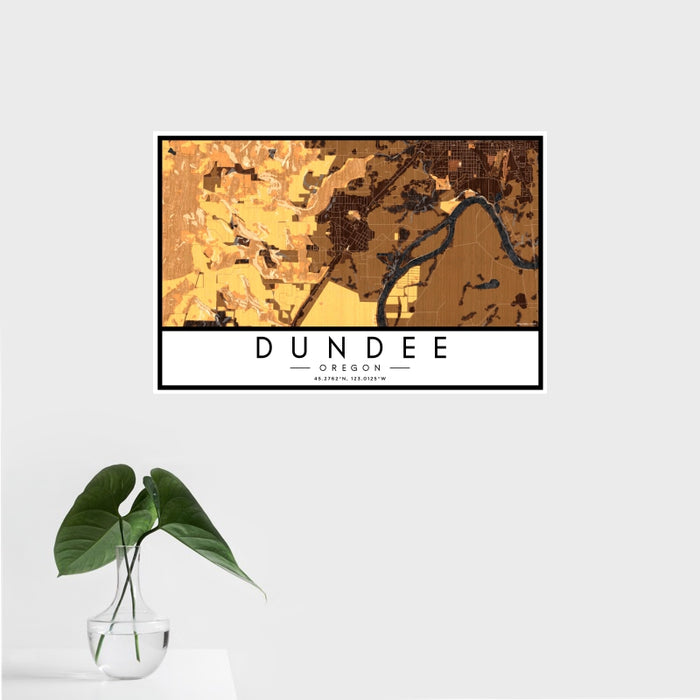 16x24 Dundee Oregon Map Print Landscape Orientation in Ember Style With Tropical Plant Leaves in Water