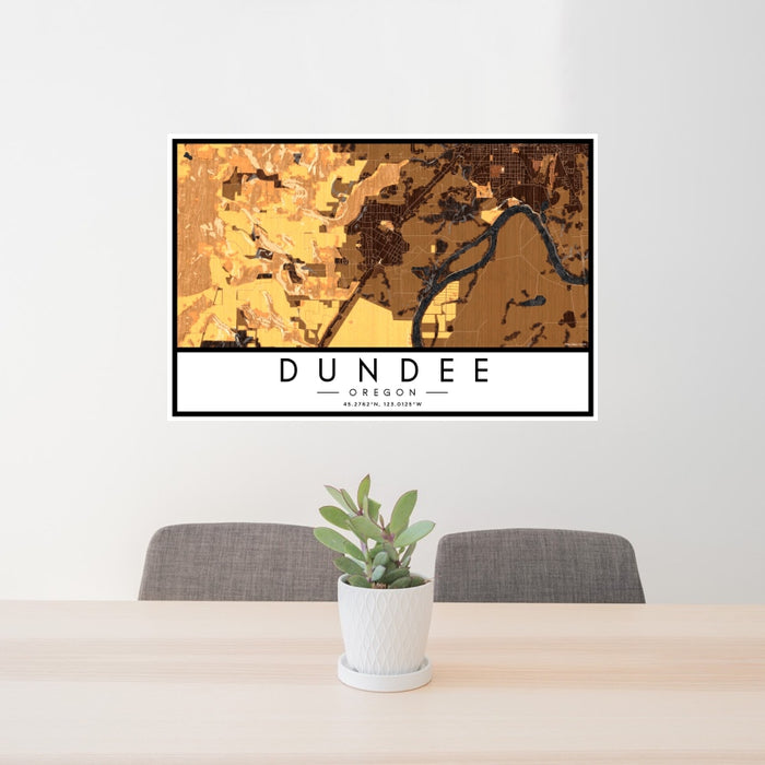 24x36 Dundee Oregon Map Print Landscape Orientation in Ember Style Behind 2 Chairs Table and Potted Plant