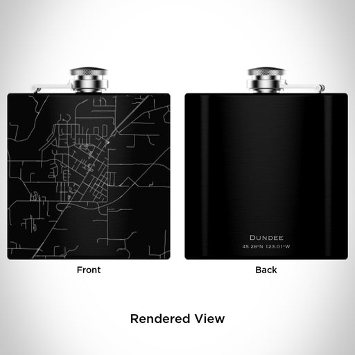 Rendered View of Dundee Oregon Map Engraving on 6oz Stainless Steel Flask in Black