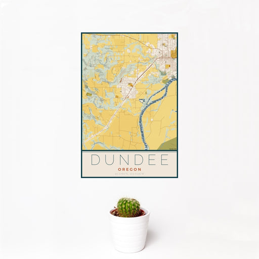 12x18 Dundee Oregon Map Print Portrait Orientation in Woodblock Style With Small Cactus Plant in White Planter