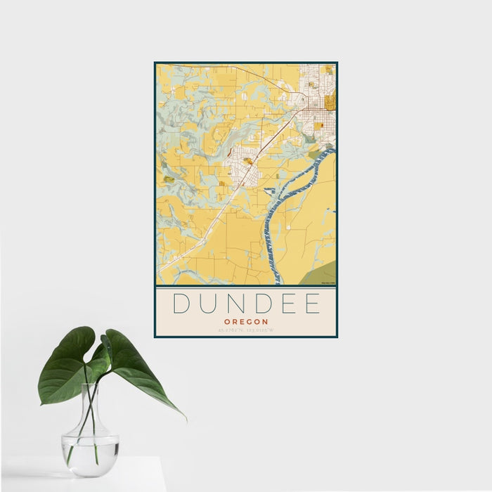 16x24 Dundee Oregon Map Print Portrait Orientation in Woodblock Style With Tropical Plant Leaves in Water