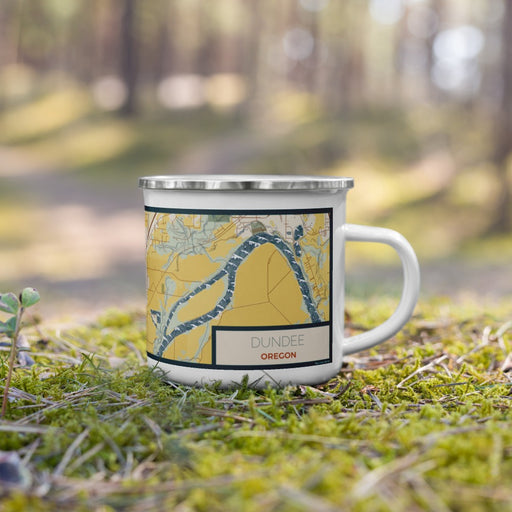 Right View Custom Dundee Oregon Map Enamel Mug in Woodblock on Grass With Trees in Background