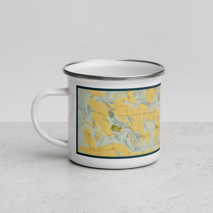 Left View Custom Dundee Oregon Map Enamel Mug in Woodblock