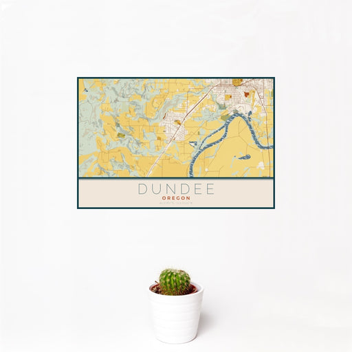 12x18 Dundee Oregon Map Print Landscape Orientation in Woodblock Style With Small Cactus Plant in White Planter