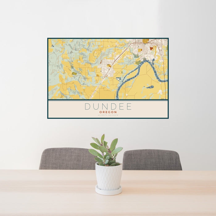 24x36 Dundee Oregon Map Print Landscape Orientation in Woodblock Style Behind 2 Chairs Table and Potted Plant