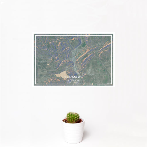 12x18 Durango Colorado Map Print Landscape Orientation in Afternoon Style With Small Cactus Plant in White Planter