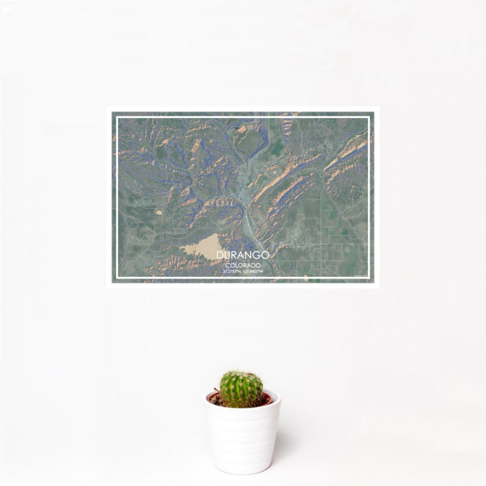 12x18 Durango Colorado Map Print Landscape Orientation in Afternoon Style With Small Cactus Plant in White Planter