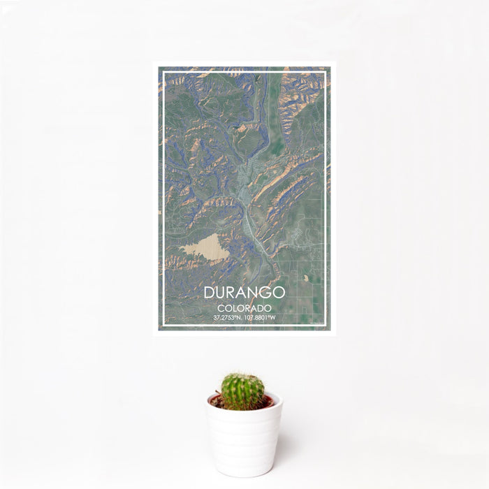 12x18 Durango Colorado Map Print Portrait Orientation in Afternoon Style With Small Cactus Plant in White Planter