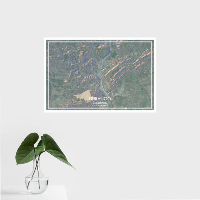 16x24 Durango Colorado Map Print Landscape Orientation in Afternoon Style With Tropical Plant Leaves in Water