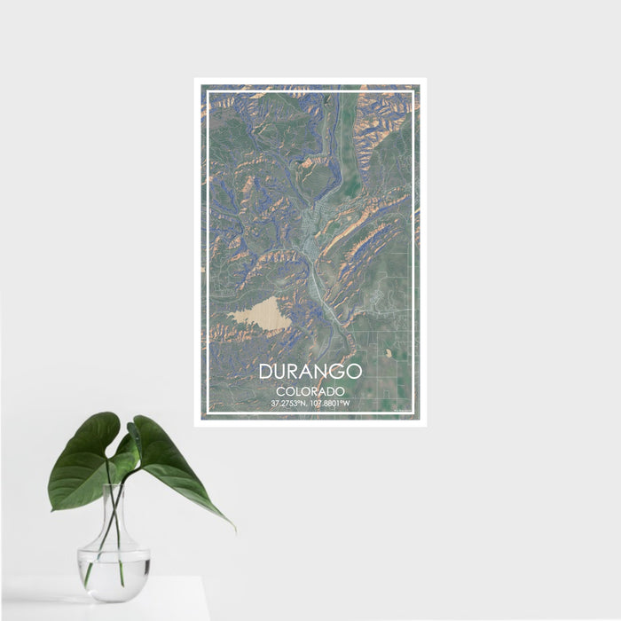 16x24 Durango Colorado Map Print Portrait Orientation in Afternoon Style With Tropical Plant Leaves in Water