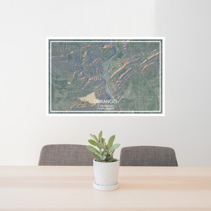 24x36 Durango Colorado Map Print Lanscape Orientation in Afternoon Style Behind 2 Chairs Table and Potted Plant