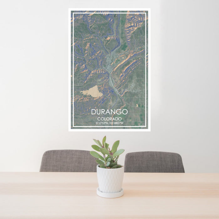 24x36 Durango Colorado Map Print Portrait Orientation in Afternoon Style Behind 2 Chairs Table and Potted Plant