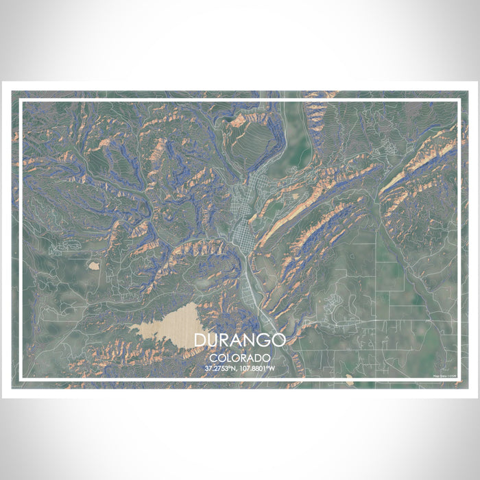 Durango Colorado Map Print Landscape Orientation in Afternoon Style With Shaded Background
