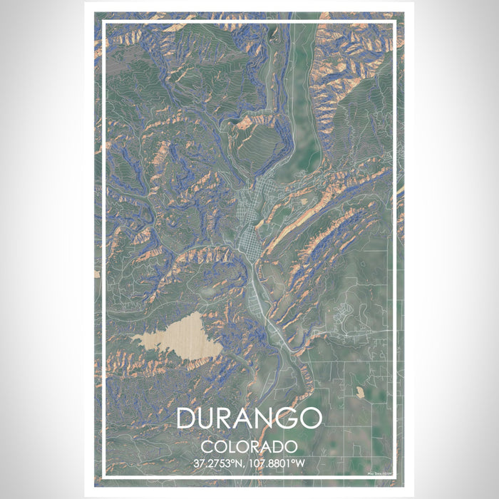Durango Colorado Map Print Portrait Orientation in Afternoon Style With Shaded Background