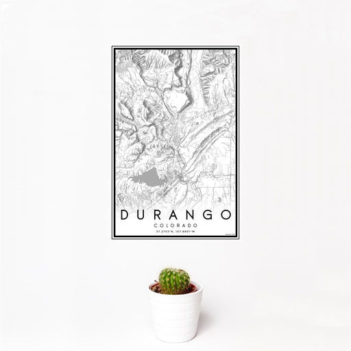 12x18 Durango Colorado Map Print Portrait Orientation in Classic Style With Small Cactus Plant in White Planter