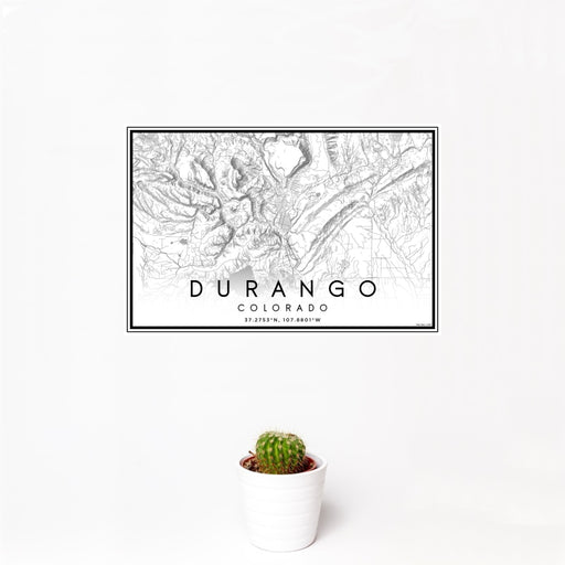 12x18 Durango Colorado Map Print Landscape Orientation in Classic Style With Small Cactus Plant in White Planter