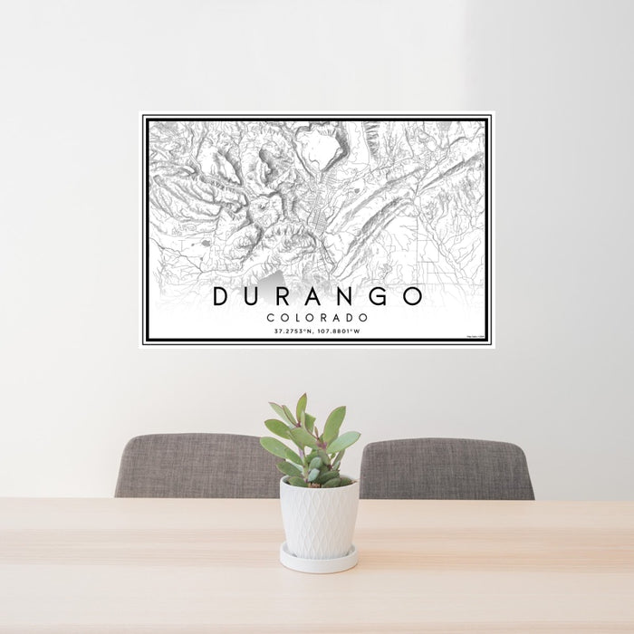 24x36 Durango Colorado Map Print Landscape Orientation in Classic Style Behind 2 Chairs Table and Potted Plant