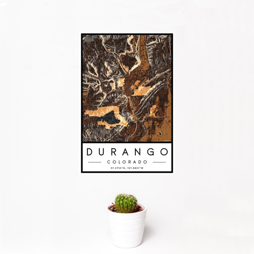 12x18 Durango Colorado Map Print Portrait Orientation in Ember Style With Small Cactus Plant in White Planter