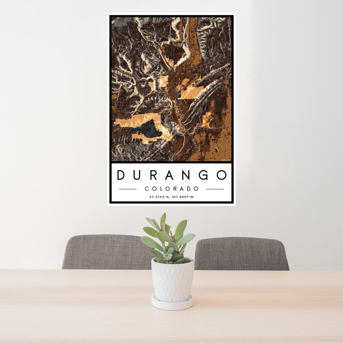 24x36 Durango Colorado Map Print Portrait Orientation in Ember Style Behind 2 Chairs Table and Potted Plant