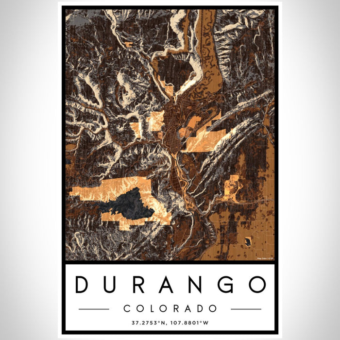 Durango Colorado Map Print Portrait Orientation in Ember Style With Shaded Background