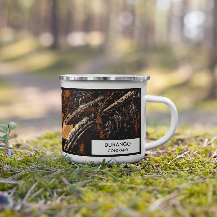 Right View Custom Durango Colorado Map Enamel Mug in Ember on Grass With Trees in Background