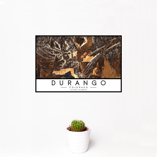 12x18 Durango Colorado Map Print Landscape Orientation in Ember Style With Small Cactus Plant in White Planter